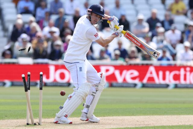 England's Harry Brook is bowled by Zimbabwe's Blessing Muzarabani at Trent Bridge