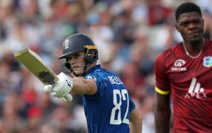 England's Jacob Bethell acknowleges his fifty during the 1st ODI against the West Indies a