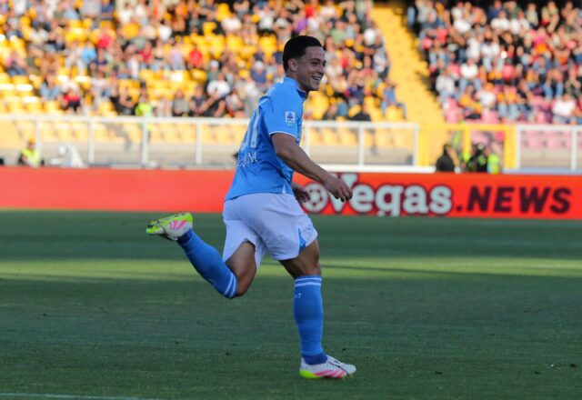 Giacomo Raspadori celebrates scoring Napoli's winner at Lecce