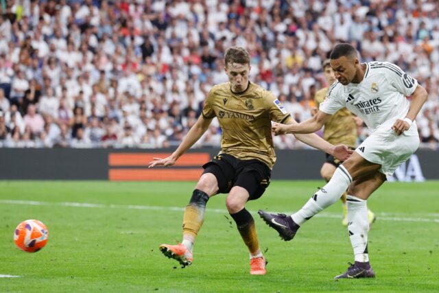 Golden finish: Kylian Mbappe scoring his second goal, and his last of the league season, a