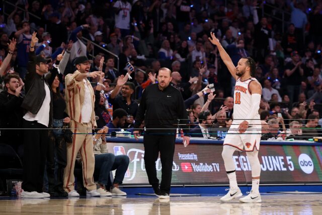 Jalen Brunson celebrates a three-pointer during the New York Knicks series-clinching win o