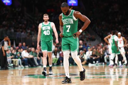 Jaylen Brown of the Boston Celtics reacts during the team's loss to the New York Knicks in