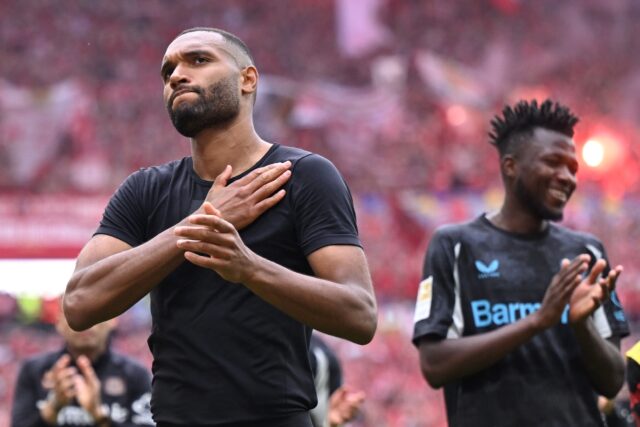 Jonathan Tah says his farewells to the Leverkusen fans after making his final appearance f