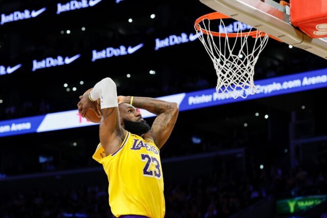 LeBron James of the Los Angeles Lakers dunks the ball in the Lakers' season-ending loss to
