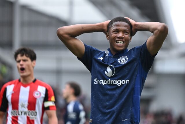 Manchester United's Chido Obi reacts to a missed chance at Brentford