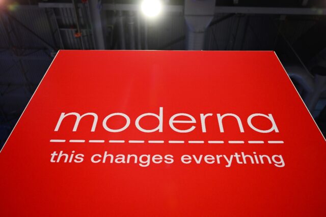 The Moderna, Inc. logo is displayed during the Consumer Electronics Show (CES) in Las Vega
