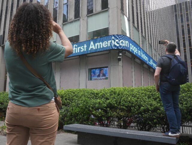 A news ticker outside the Fox News building announced the shock news of Pope Leo's selecti