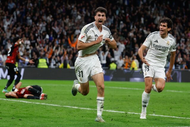 Real Madrid's Spanish defender Jacobo Ramon celebrates scoring the winner against Mallorca