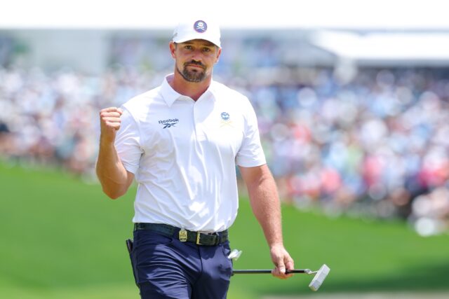 Reigning US Open champion Bryson DeChambeau of the United States reacts after a birdie on