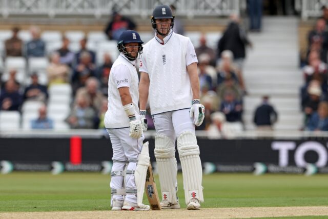 In the runs: England openers Ben Duckett (L) and Zak Crawley (R) shared an unbeaten centur
