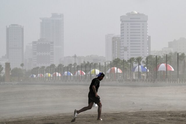 A sandstorm grips the UAE emirate of Fujairah on April 16. Less than two weeks later, temp