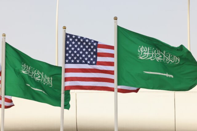 Saudi and US flags line a main road in the Saudi capital Riyadh ahead of President Trump's