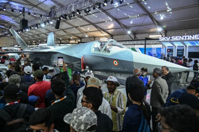 A full-scale model of India's proposed Advanced Medium Combat Aircraft (AMCA) aircraft