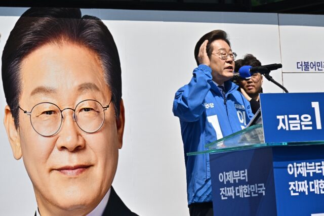 South Korea's Democratic Party's presidential election candidate Lee Jae-myung is the fron