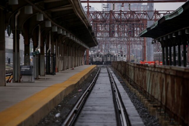 Trains sit at the Hoboken Station in Hoboken, New Jersey, during a transit strike on May 1