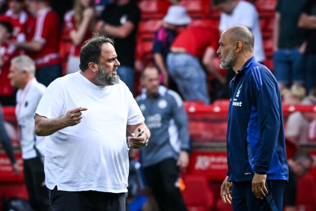 Unhappy: Nottingham Forest owner Evangelos Marinakis (L) comes onto the pitch