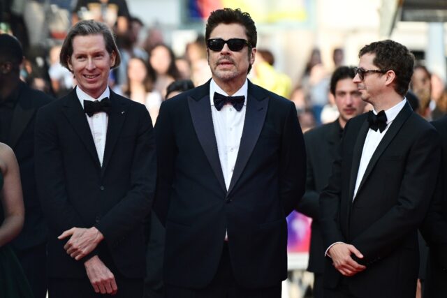 US film director Wes Anderson and actors Benicio del Toro and Michael Cera arrive for the