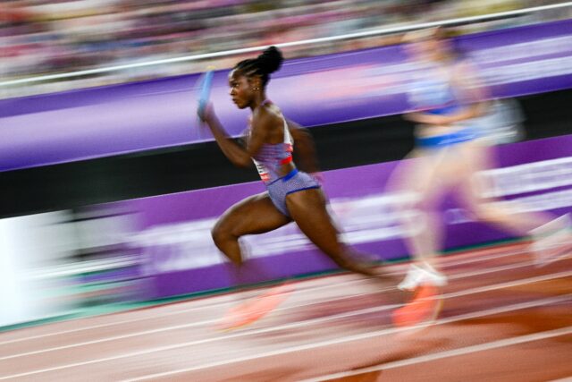 USA's Twanisha Terry competes in the women’s 4x100m relay