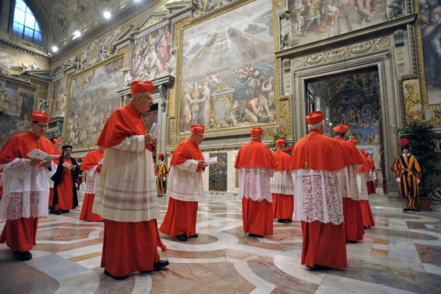 Vatican handout of cardinals entering the Sistine Chapel before the conclave in March 2013