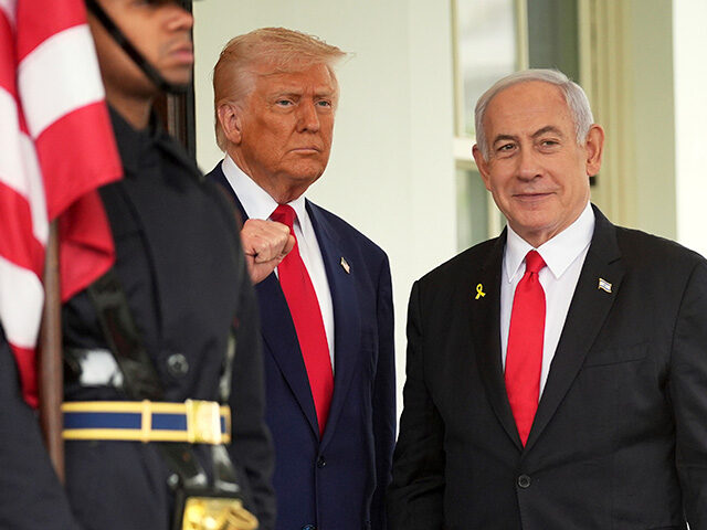 President Donald Trump, left, greets Israel's Prime Minister Benjamin Netanyahu at the Whi