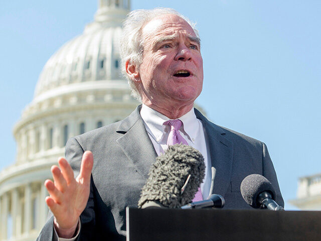 Sen. Tim Kaine, D-Va., speaks during a news conference regarding President Donald Trump's