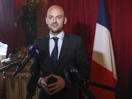 French Foreign Minister Jean-Noel Barrot speaks to the press after high-level talks with G
