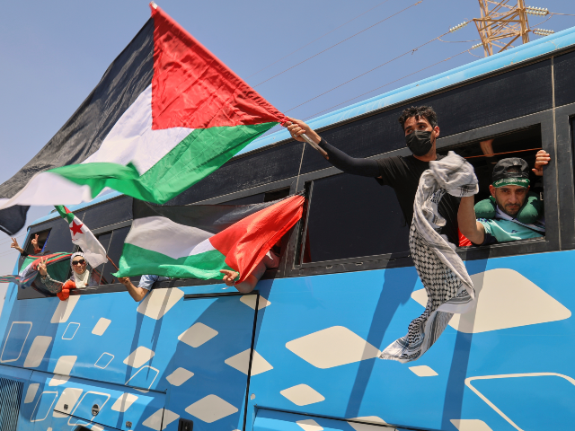 Members of a humanitarian convoy of at least 1,500 people, including activists and support