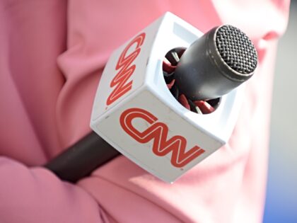 A CNN presenter is seen during the 2018 NATO Summit in Brussels, Belgium on July 11, 2018.