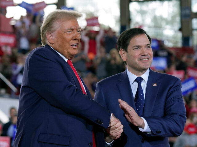 Republican presidential nominee former President Donald Trump greets Sen. Marco Rubio, R-F