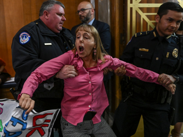 GettyImages-1249119282 WASHINGTON, DC - MARCH 22: A Code Pink demonstrator is escorted out of the hearing room by