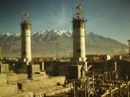 Partly finished open hearth furnaces and stacks for a steel mill under construction which
