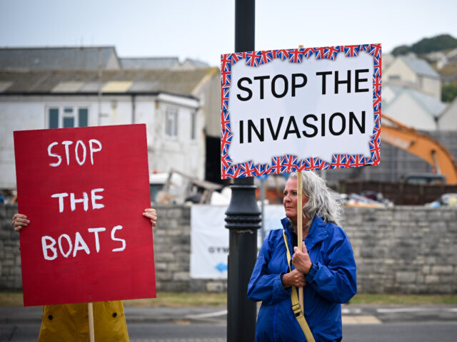 PORTLAND, ENGLAND - SEPTEMBER 16: Protesters against illegal immigration and the Bibby Sto