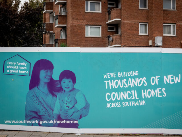 LONDON UNITED KINGDOM - OCTOBER 23: Hoardings advertising a development of new council hom