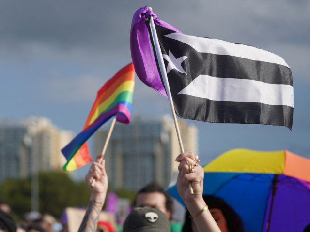 A protester holds a rainbow flag and a black and white Puerto Rican 'resistance' flag as t