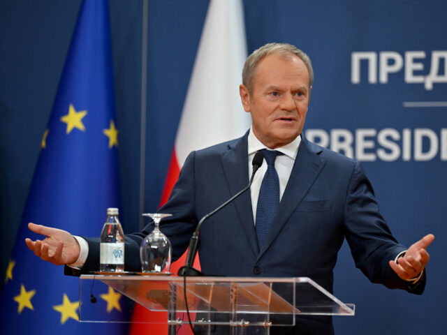 Poland's Prime Minister Donald Tusk delivers a joint press conference with Serbia's Presid