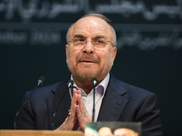 Iran's Parliament Speaker Mohammad Baqer Qalibaf answers a question at a press conference