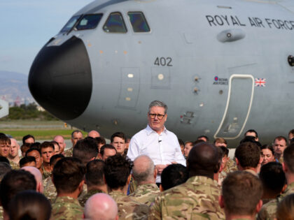 Britain's Prime Minister Keir Starmer speaks to soldiers at the RAF base in Akrotiri on th