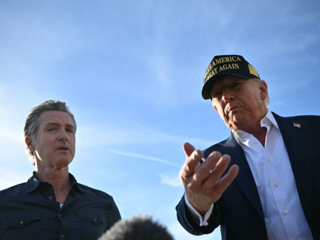 US President Donald Trump and California Governor Gavin Newsom speak to the press upon arr