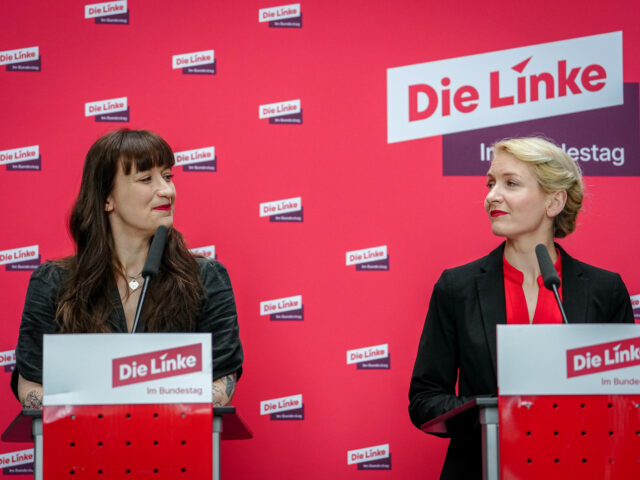12 March 2025, Berlin: Heidi Reichinnek (l, Die Linke) and Ines Schwerdtner Party Chairwom