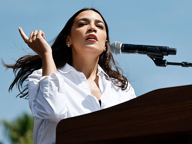 LOS ANGELES, CALIFORNIA - APRIL 12: Rep. Alexandria Ocasio-Cortez (D-NY) speaks during a s