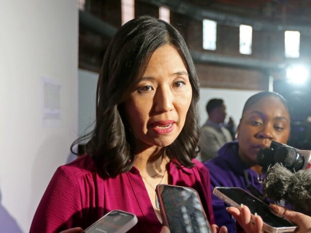 Boston Mayor Michelle Wu announces her re election candatcay on April 5. (Staff Photo By S