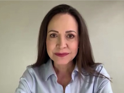 Screen grab shows Venezuela's opposition leader Maria Corina Machado gesturing during an A