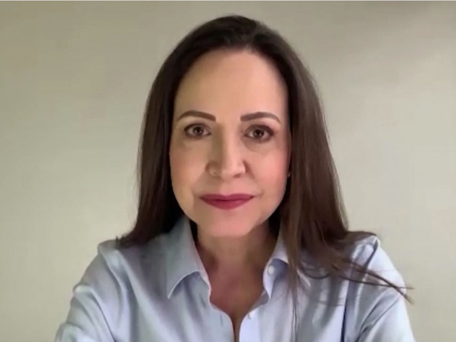Screen grab shows Venezuela's opposition leader Maria Corina Machado gesturing during an A