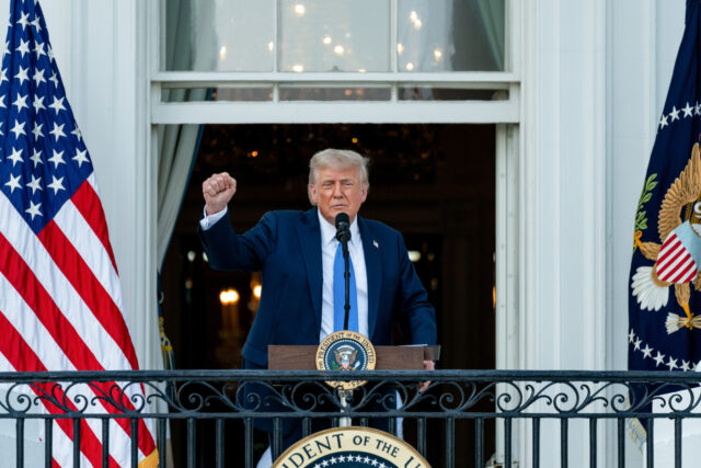 President Trump Hosts Summer Soiree On South Lawn US President Donald Trump on the Truman balcony during a Summer soiree on the South Lawn o