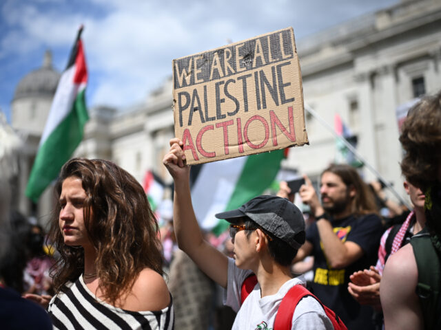 LONDON, ENGLAND - JUNE 23: A protester holds a sign reading 'We are all Palestine Action'