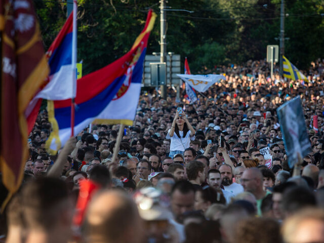 Protesting students and residents from Serbian cities gather at Slavia Square in Belgrade,