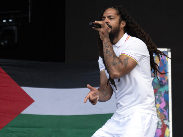To the backdrop of a Palestinian flag, Bobby Vylan of British duo Bob Vylan performs on th