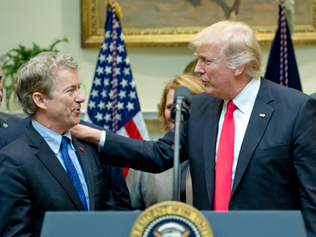 WASHINGTON, DC - FEBRUARY 16: U.S. President Donald Trump, right, acknowledges US Senator