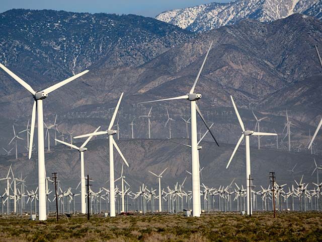 Wind turbines generate electricity at the San Gorgonio Pass Wind Farm near Palm Springs, C