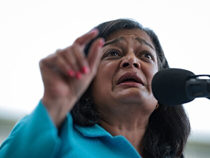 WASHINGTON, DC - APRIL 29: U.S. Rep. Pramila Jayapal (D-WA) speaks during a rally held by